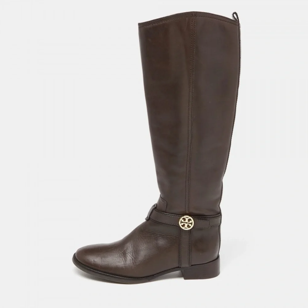 Tory Burch Riding Bristol Boots Women’s Sz 8 Brown Coconut Gold Leather Side Zip